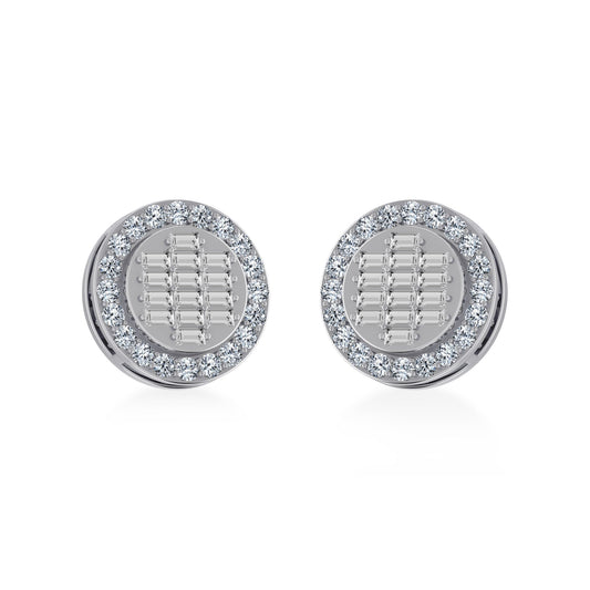 14K White Gold Round Baguette Diamond Halo Stud Earrings 5/8 Cttw