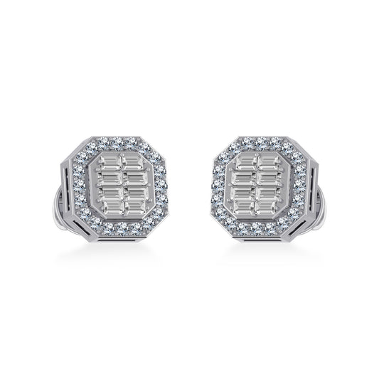 14K White Gold Round Baguette Diamond Stud Earrings 1/4 Cttw