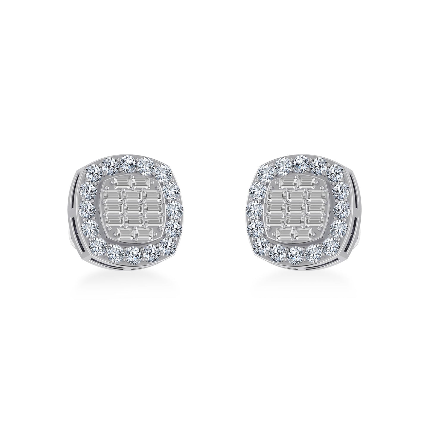 14K White Gold Round Baguette Diamond Stud Earring 5/8 Cttw