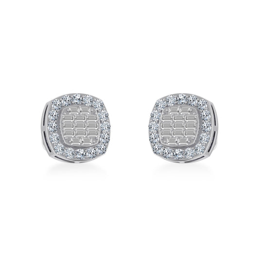 14K White Gold Round Baguette Diamond Stud Earring 5/8 Cttw
