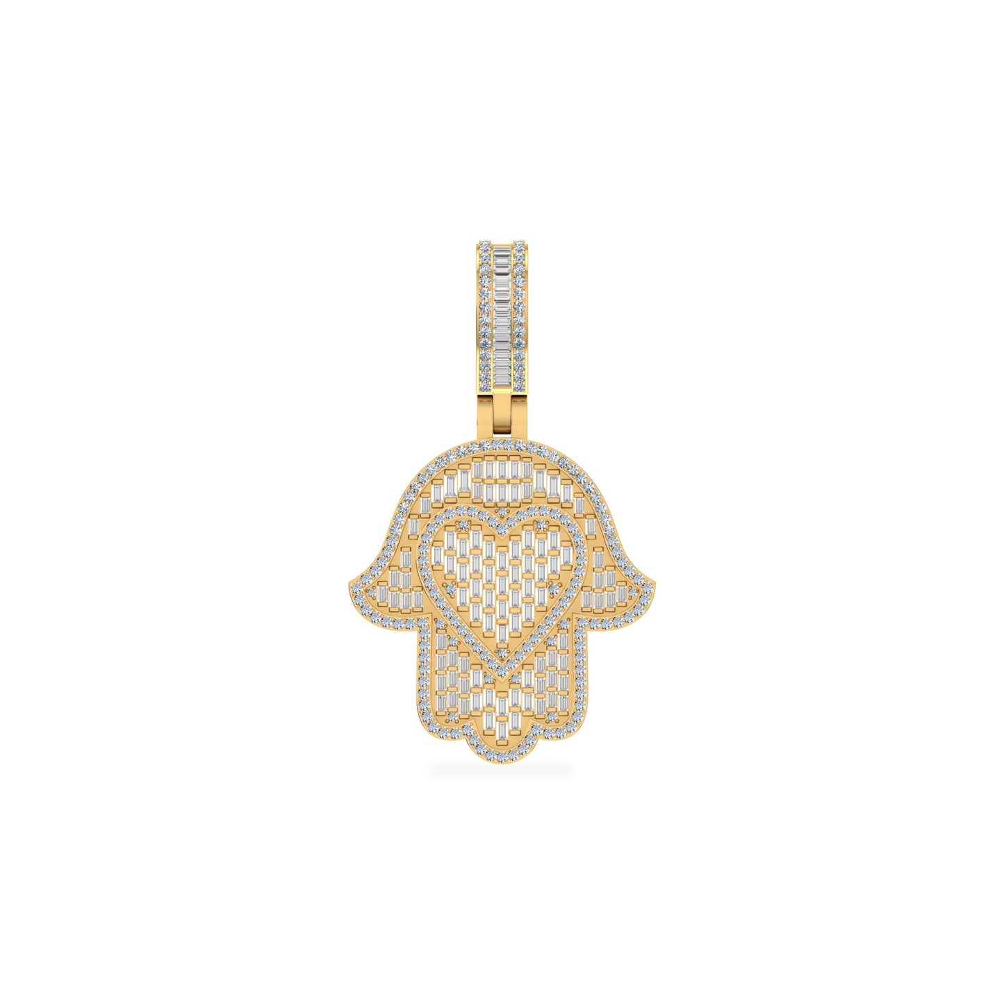 10K Yellow Gold Round Baguette Diamond Heart Hamza Hand Religious Charm Pendant 1-3/4 Cttw