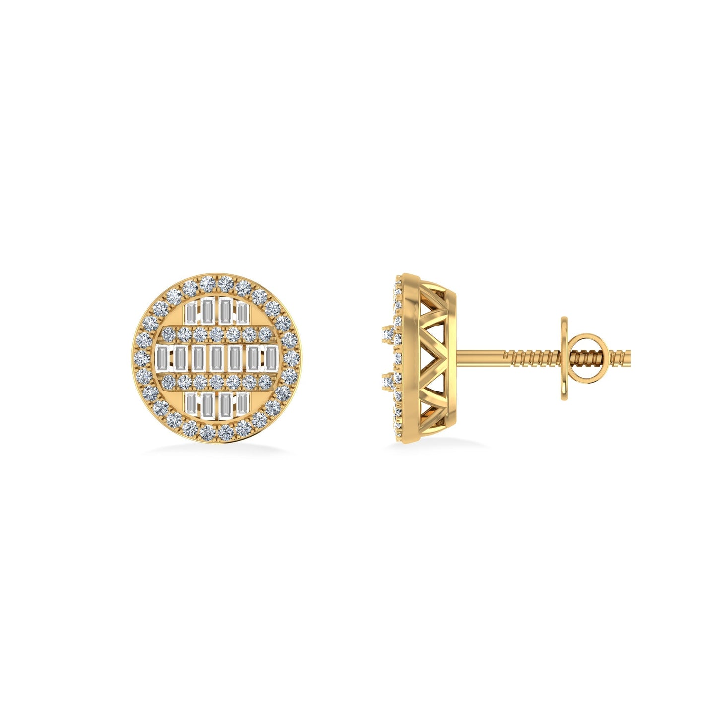 10K Yellow Gold Round Baguette Diamond Designer Mens Stud Earring 3/8 Cttw