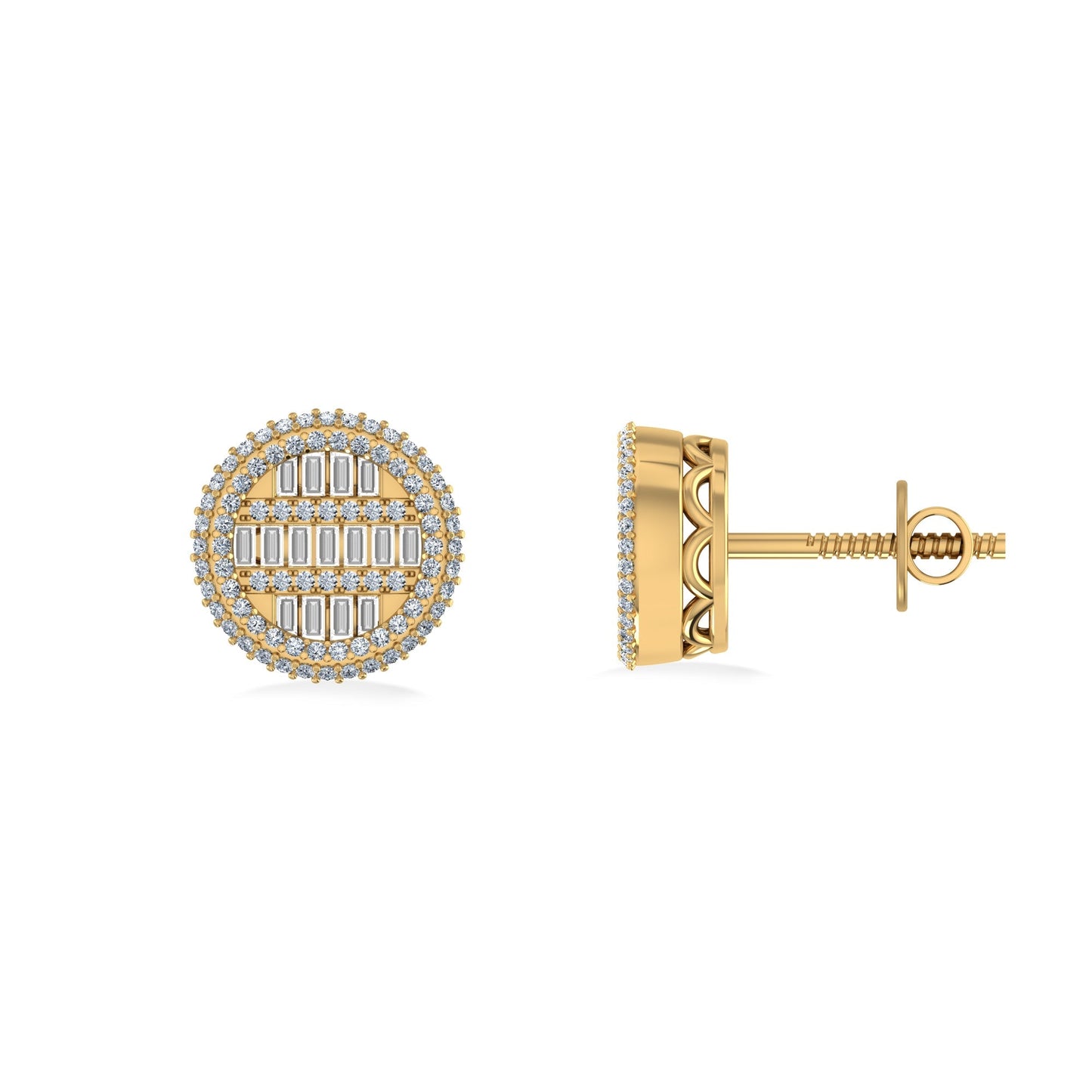 10K Yellow Gold Round Baguette Diamond Designer Mens Stud Earring 1/3 Cttw