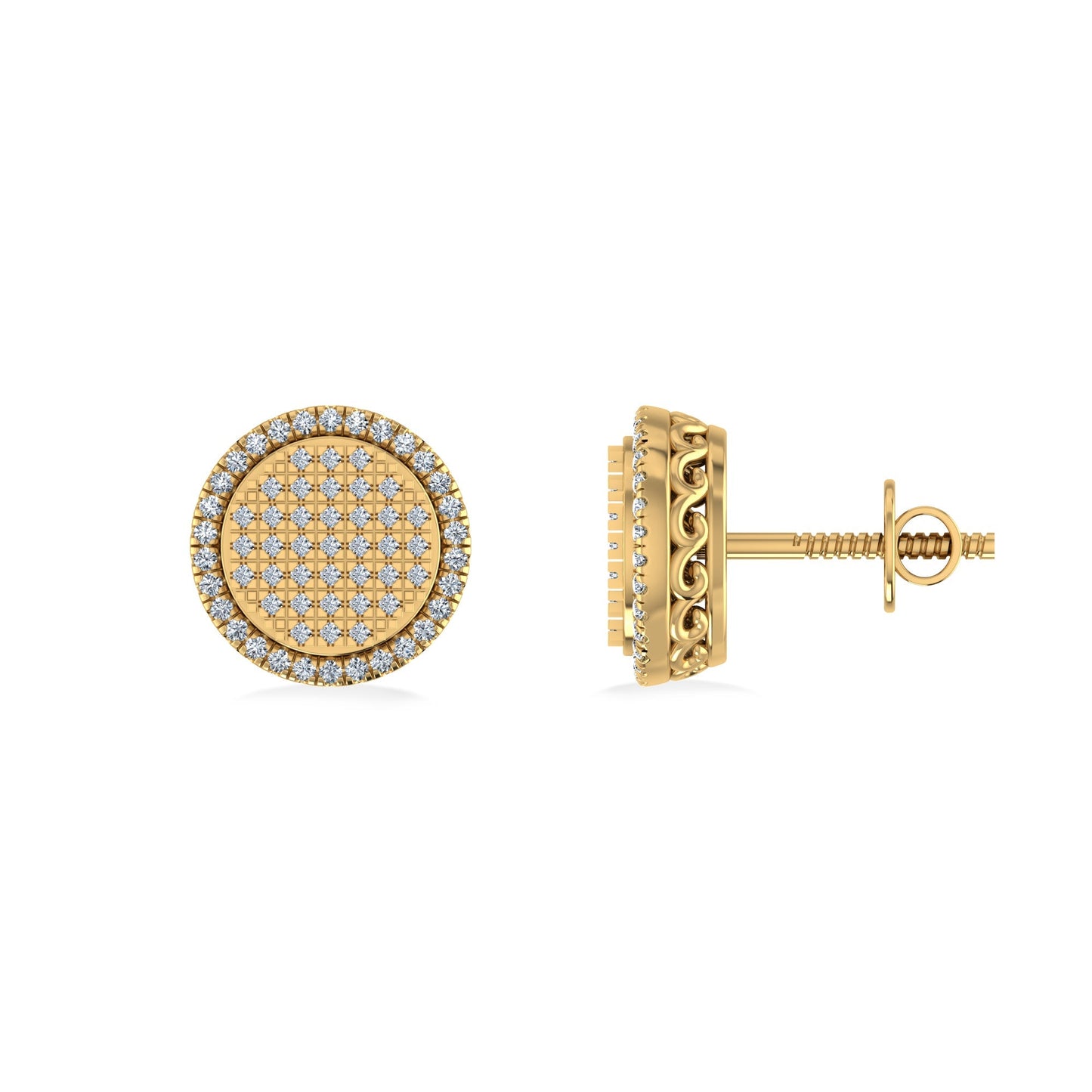 10K Yellow Gold Round Diamond Designer Halo Mens Stud Earring 1/3 Cttw