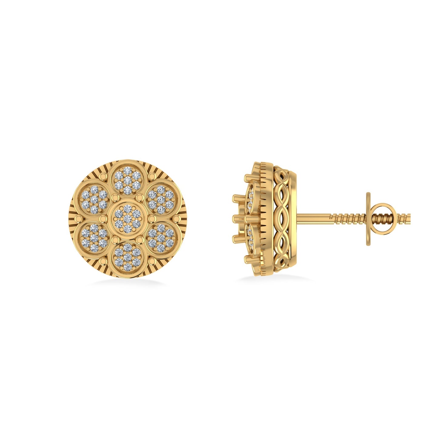 10K Yellow Gold Round Diamond Flower Designer Mens Stud Earring 1/8 Cttw