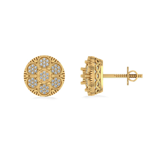 10K Yellow Gold Round Diamond Flower Designer Mens Stud Earring 1/8 Cttw