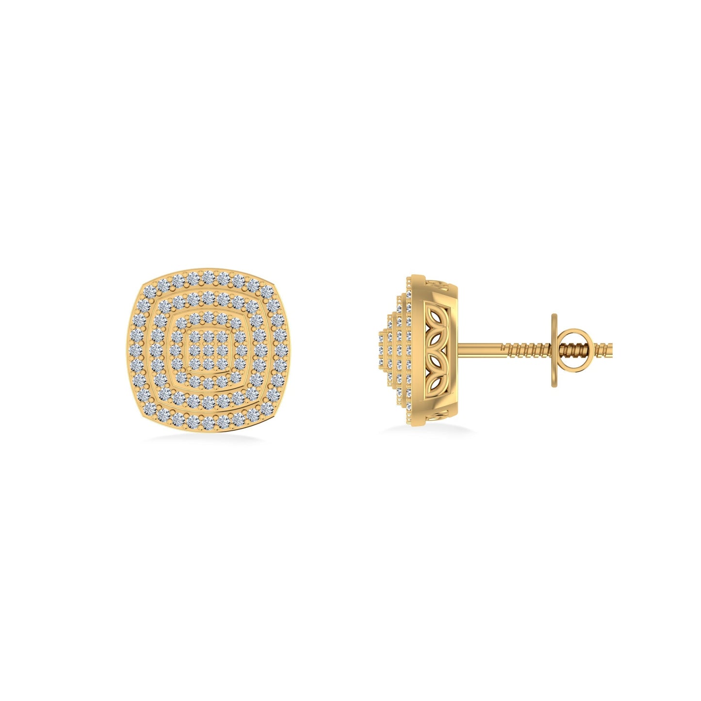 10K Yellow Gold Round Diamond Square Shape Designer Mens Stud Earring 1/3 Cttw