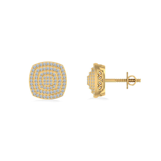 10K Yellow Gold Round Diamond Square Shape Designer Mens Stud Earring 1/3 Cttw