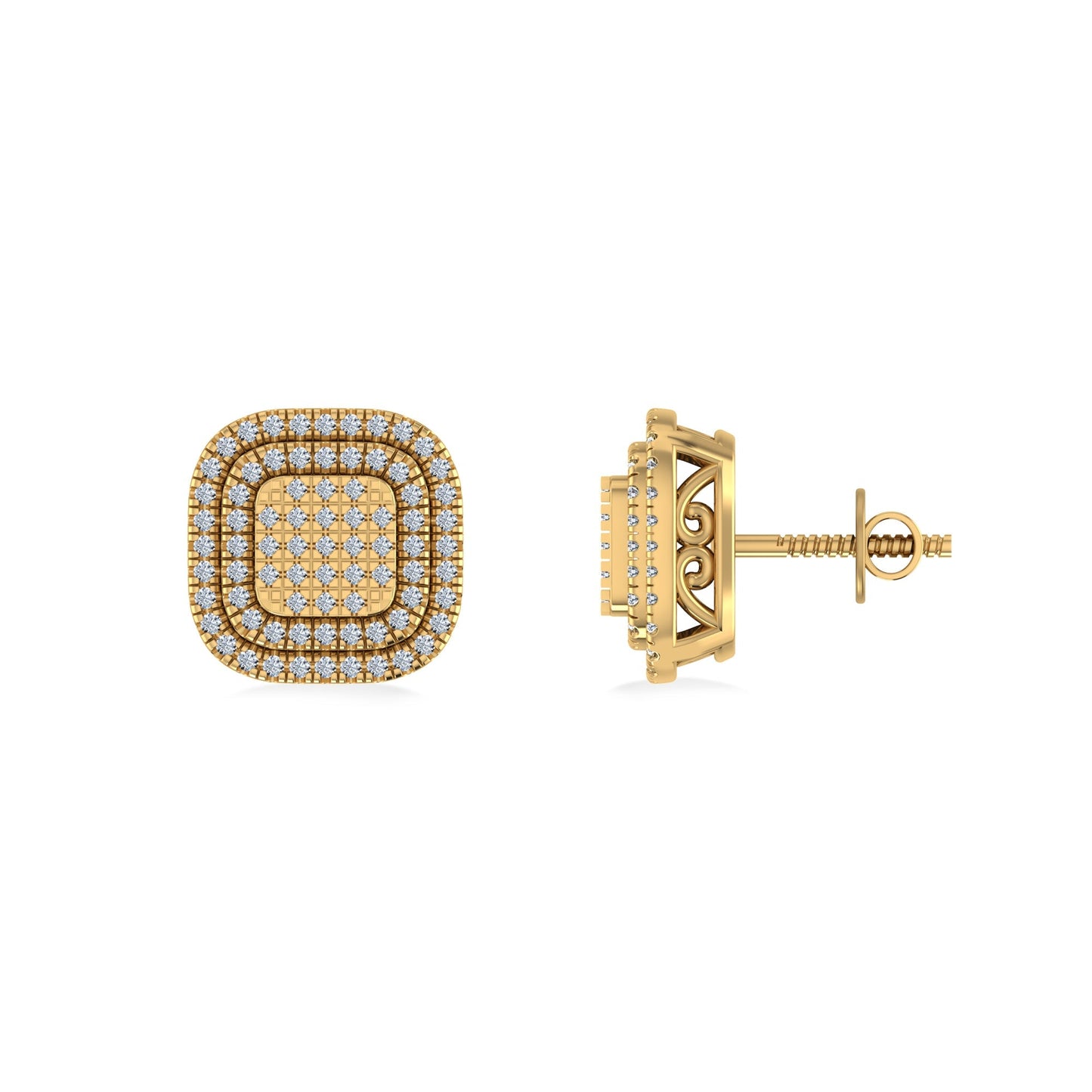 10K Yellow Gold Round Diamond Square Shape Designer Mens Halo Stud Earring 1/3 Cttw