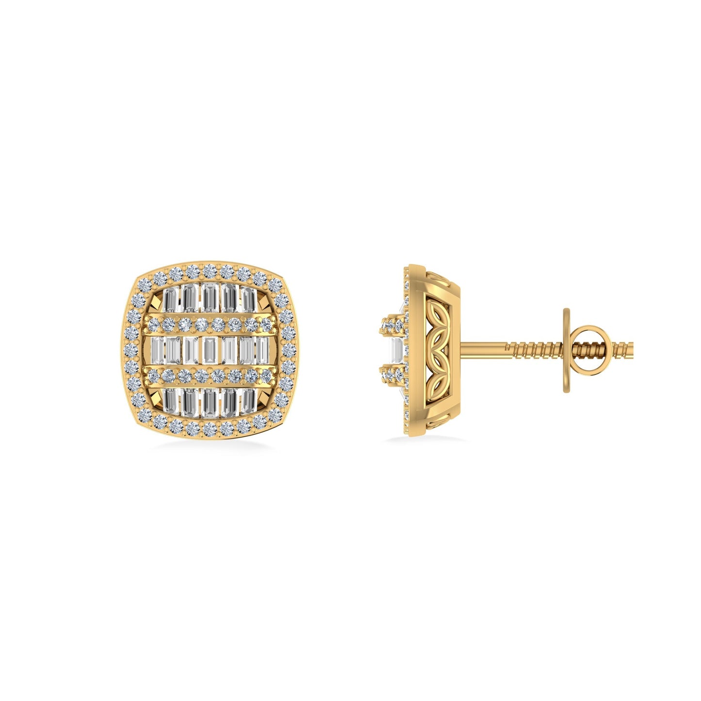 10K Yellow Gold Round Baguette Diamond Designer Halo Mens Stud Earring 1/2 Cttw