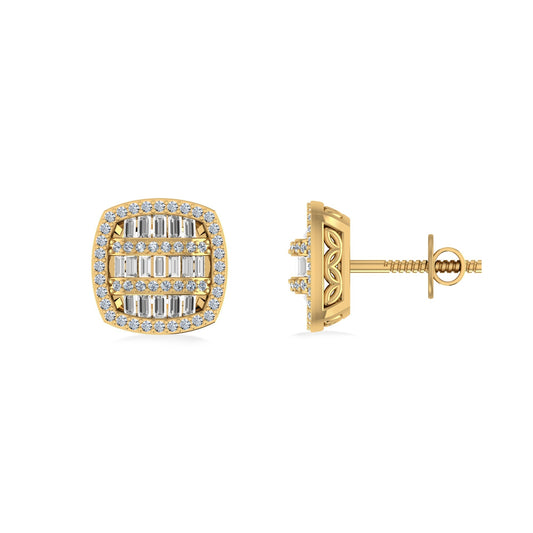 10K Yellow Gold Round Baguette Diamond Designer Halo Mens Stud Earring 1/2 Cttw