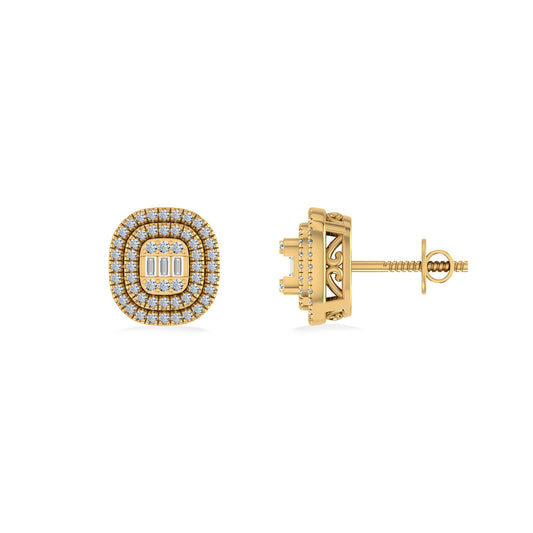 10K Yellow Gold Round Baguette Diamond Square Shape Designer Double Halo Mens Stud Earring 1/4 Cttw