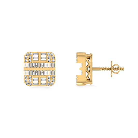 10K Yellow Gold Round Diamond Square Shape Designer Mens Stud Earring 1/3 Cttw