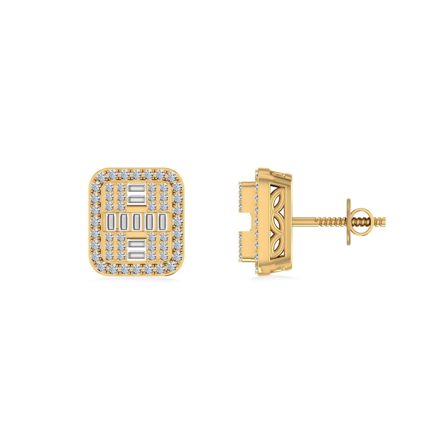 10K Yellow Gold Round Baguette Diamond Square Shape Designer Mens Stud Earring 3/8 Cttw