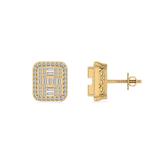 10K Yellow Gold Round Baguette Diamond Square Shape Designer Mens Stud Earring 3/8 Cttw