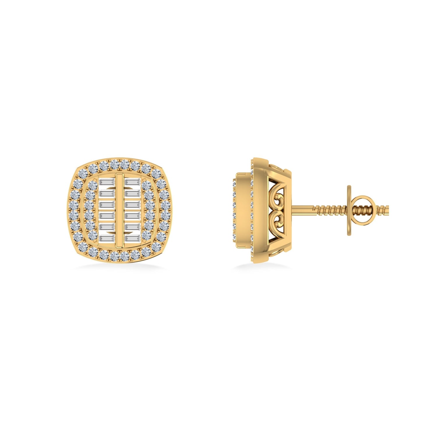 10K Yellow Gold Round Baguette Diamond Square Shape Designer Mens Stud Earring 1/3 Cttw