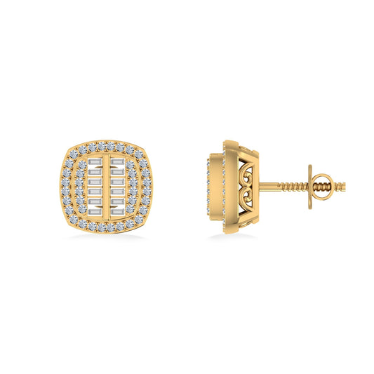 10K Yellow Gold Round Baguette Diamond Square Shape Designer Mens Stud Earring 1/3 Cttw