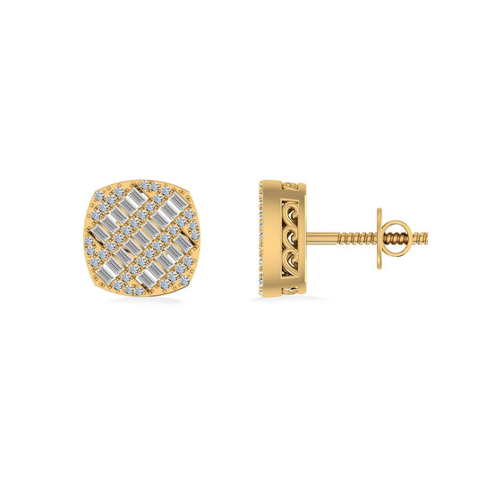 10K Yellow Gold Round Baguette Diamond Square Shape Designer Mens Stud Earring 1/3 Cttw