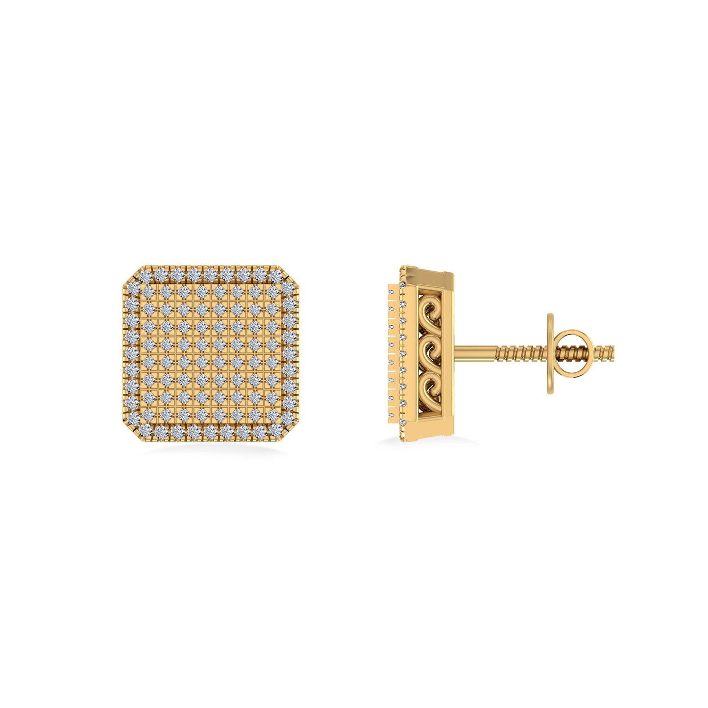10K Yellow Gold Round Diamond Square Shape Designer Mens Stud Earring 1/3 Cttw