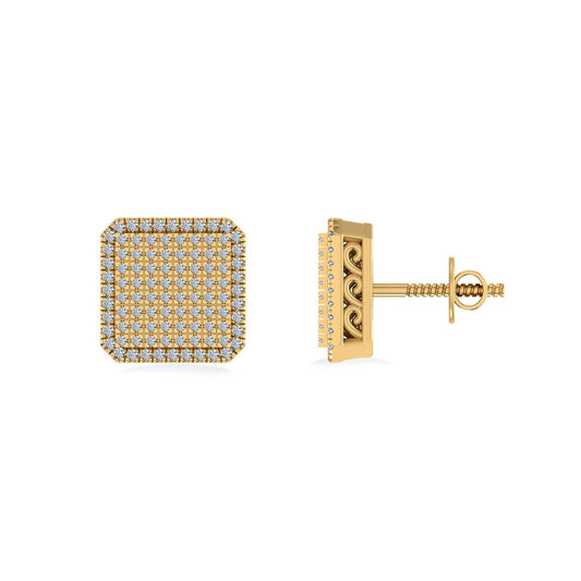 10K Yellow Gold Round Diamond Square Shape Designer Mens Stud Earring 1/3 Cttw