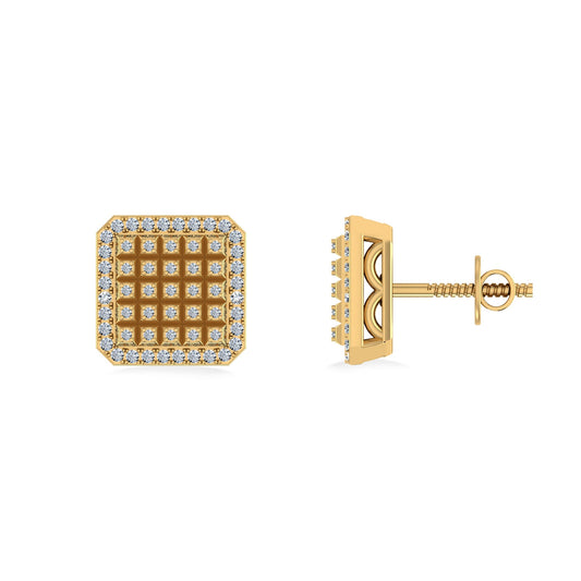 10K Yellow Gold Round Diamond Square Shape Designer Mens Stud Earring 1/5 Cttw