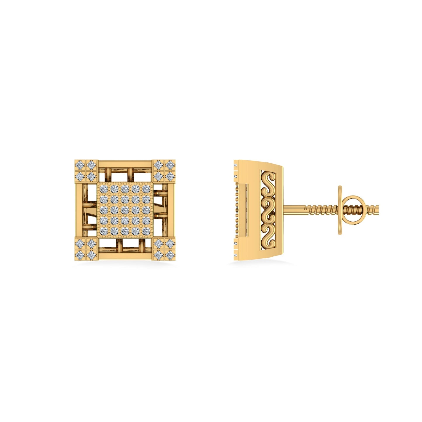 10K Yellow Gold Round Baguette Diamond Square Shape Designer Mens Stud Earring 3/8 Cttw