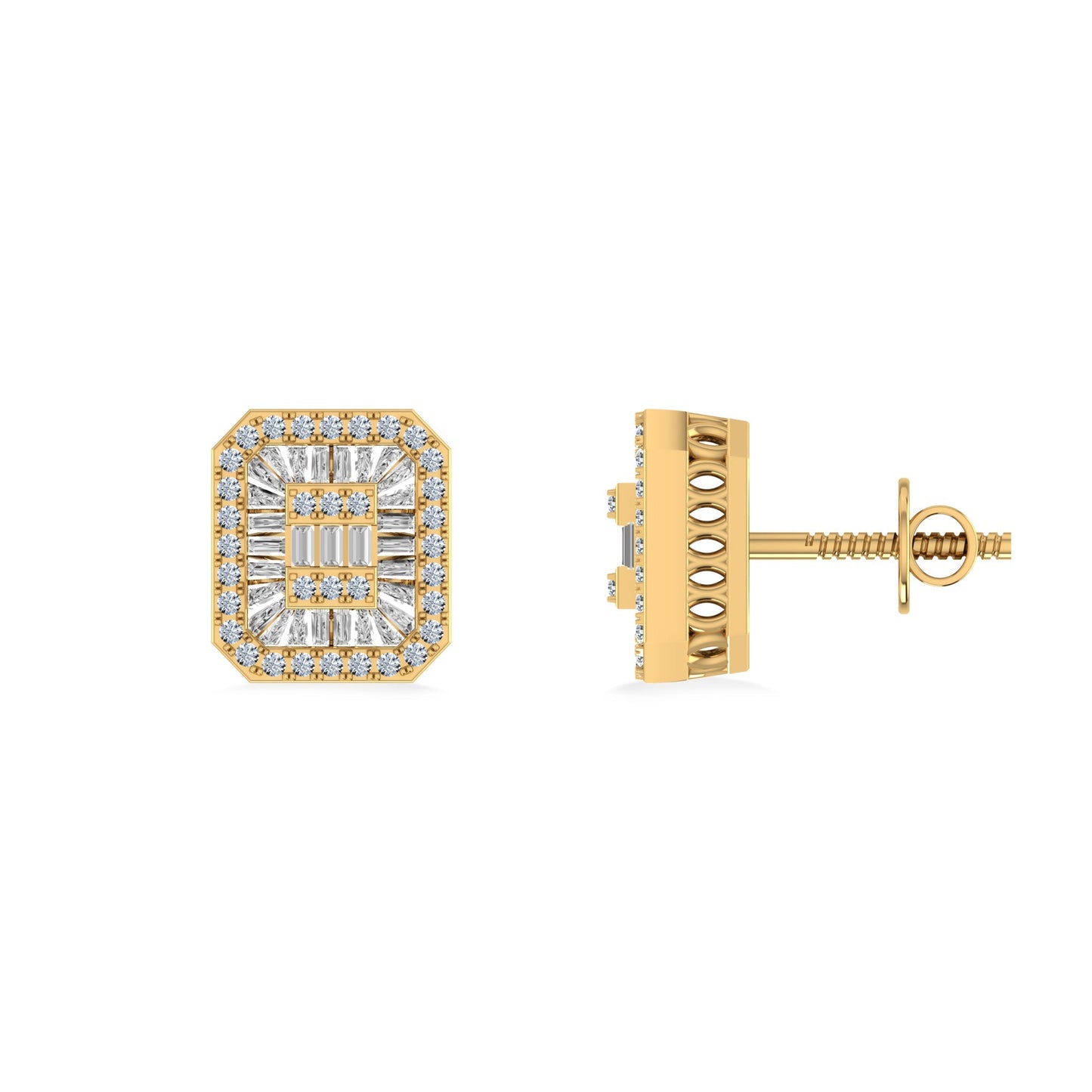 10K Yellow Gold Round Baguette Diamond Square Shape Designer Mens Stud Earring 1/3 Cttw