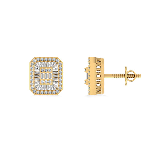 10K Yellow Gold Round Baguette Diamond Square Shape Designer Mens Stud Earring 1/3 Cttw