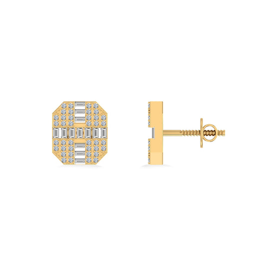 10K Yellow Gold Round Baguette Diamond Designer Mens Stud Earring 1/3 Cttw