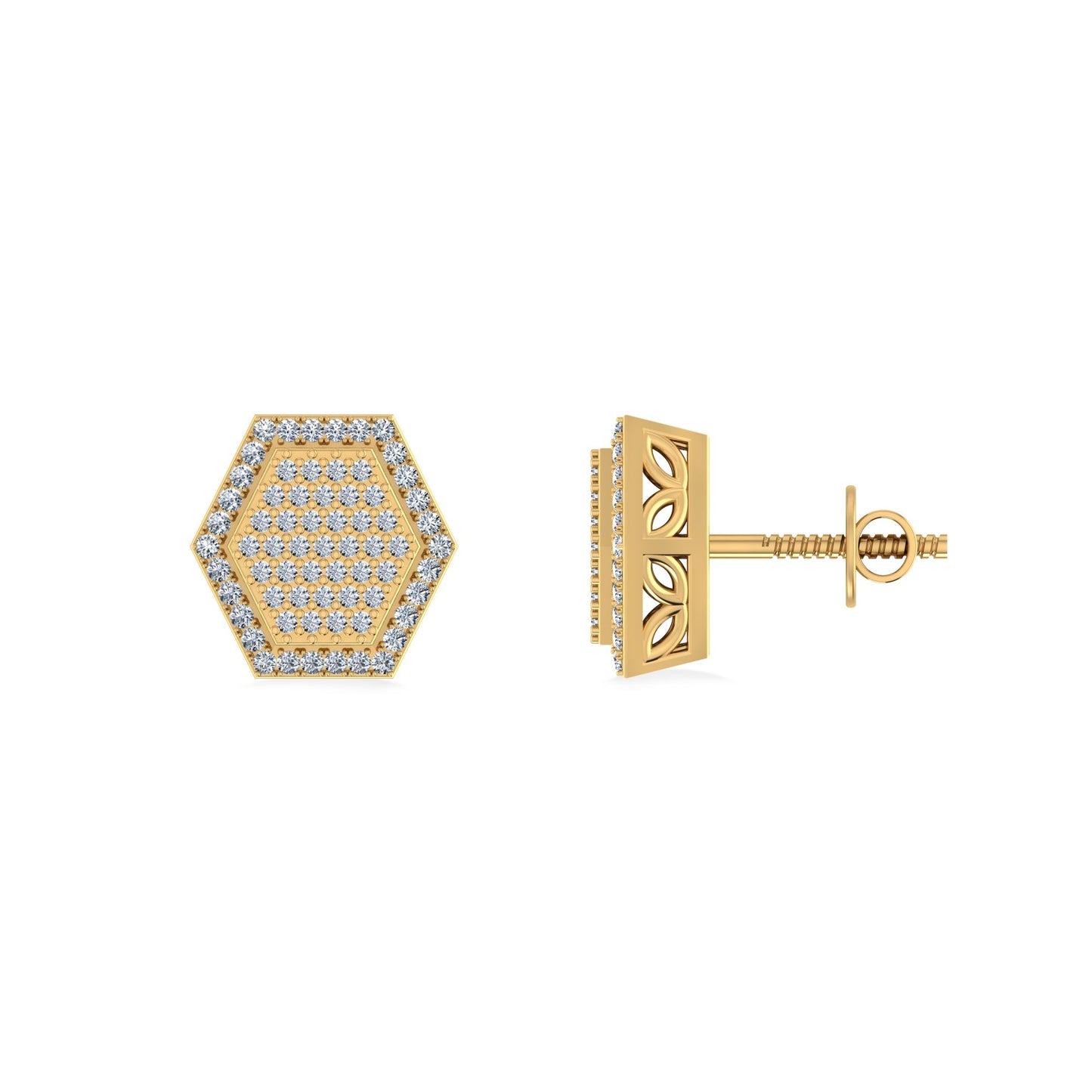 10K Yellow Gold Round Diamond Octagon Shape Designer Mens Stud Earring 1/5 Cttw