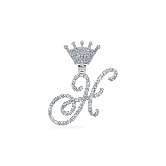 10K White Gold Round Diamond Crown H Letter Initial Pendant 1/4 Cttw