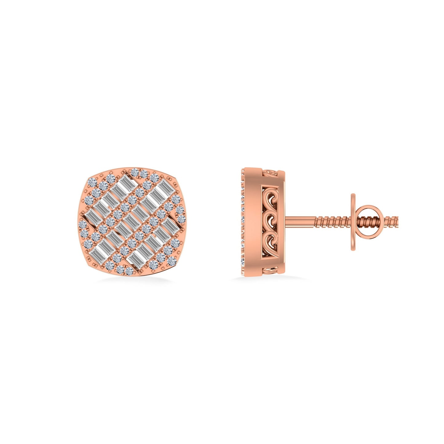 10K Rose Gold Round Baguette Diamond Square Shape Designer Mens Stud Earring 1/3 Cttw