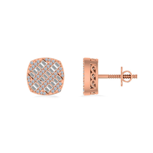 10K Rose Gold Round Baguette Diamond Square Shape Designer Mens Stud Earring 1/3 Cttw