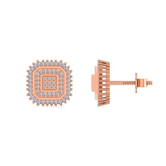10K Rose Gold Round Diamond Square Shape Designer Mens Stud Earring 1/5 Cttw
