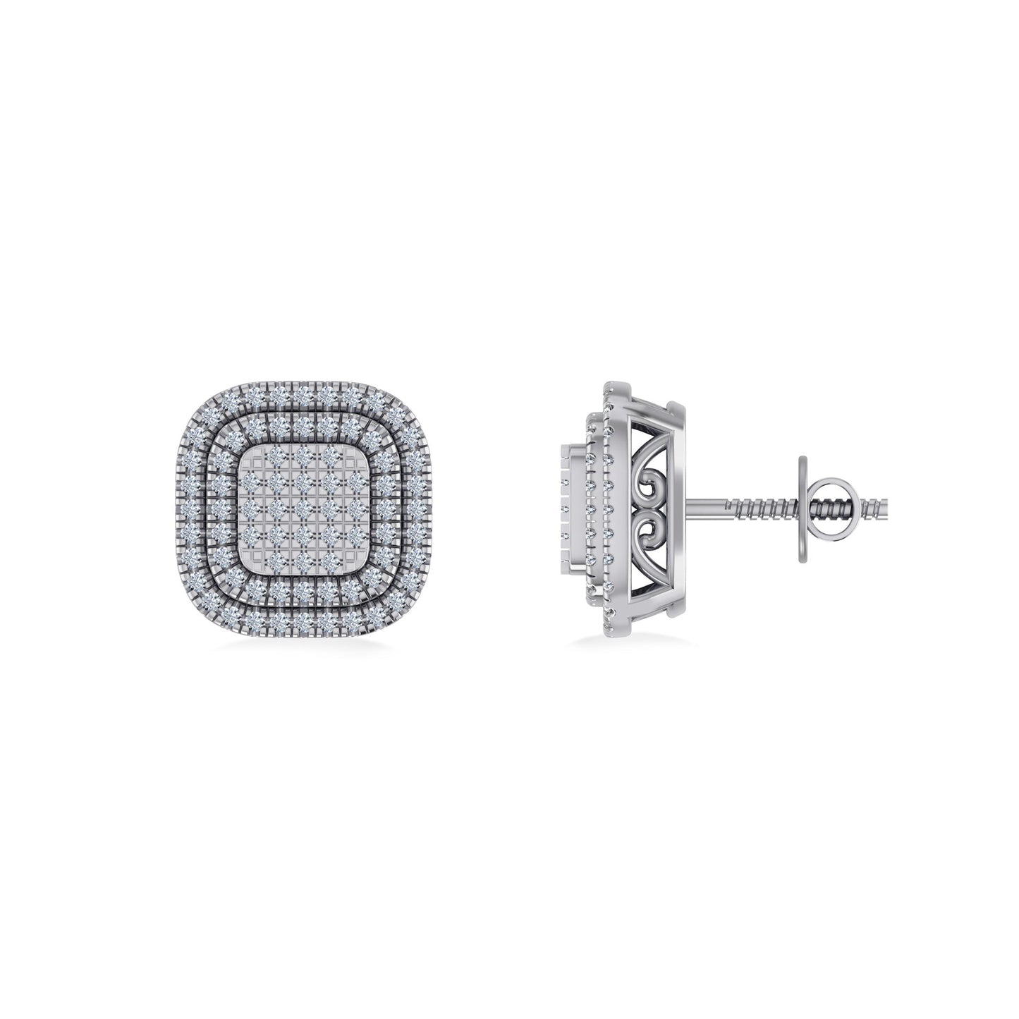 10K White Gold Round Diamond Square Shape Designer Mens Halo Stud Earring 1/3 Cttw