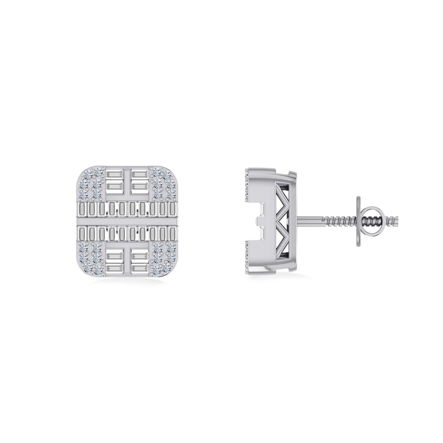 10K White Gold Round Diamond Square Shape Designer Mens Stud Earring 1/3 Cttw