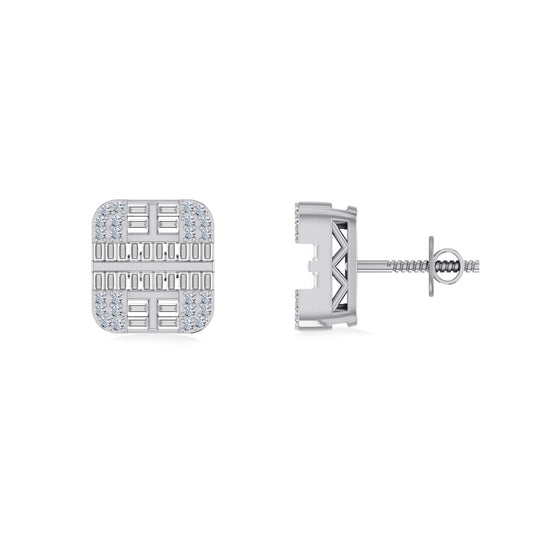 10K White Gold Round Diamond Square Shape Designer Mens Stud Earring 1/3 Cttw