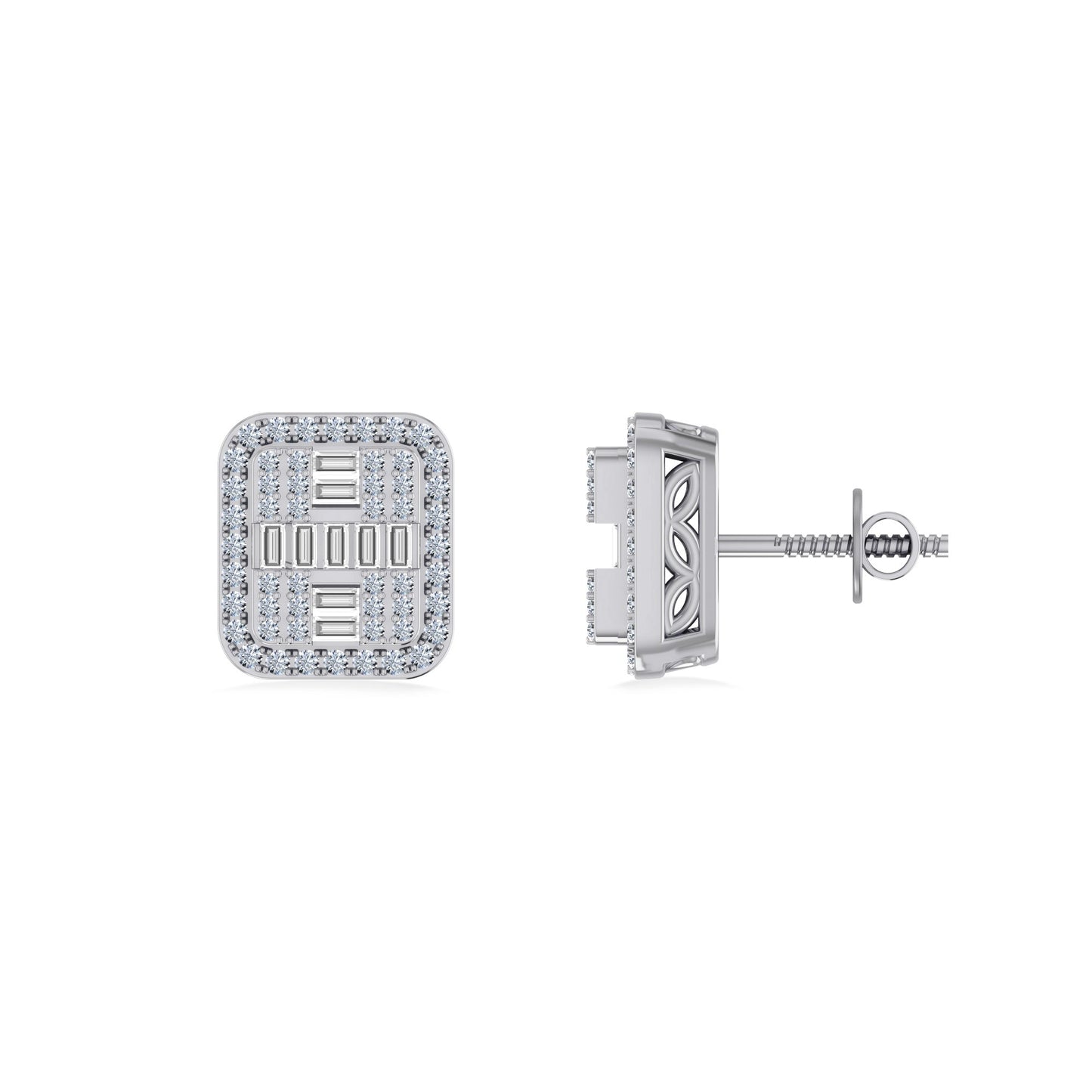 10K White Gold Round Baguette Diamond Square Shape Designer Mens Stud Earring 3/8 Cttw