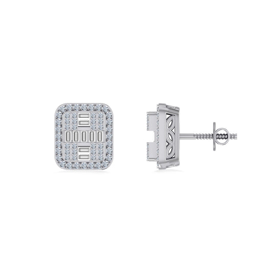 10K White Gold Round Baguette Diamond Square Shape Designer Mens Stud Earring 3/8 Cttw