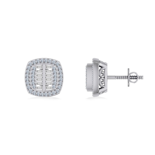 10K White Gold Round Baguette Diamond Square Shape Designer Mens Stud Earring 1/3 Cttw