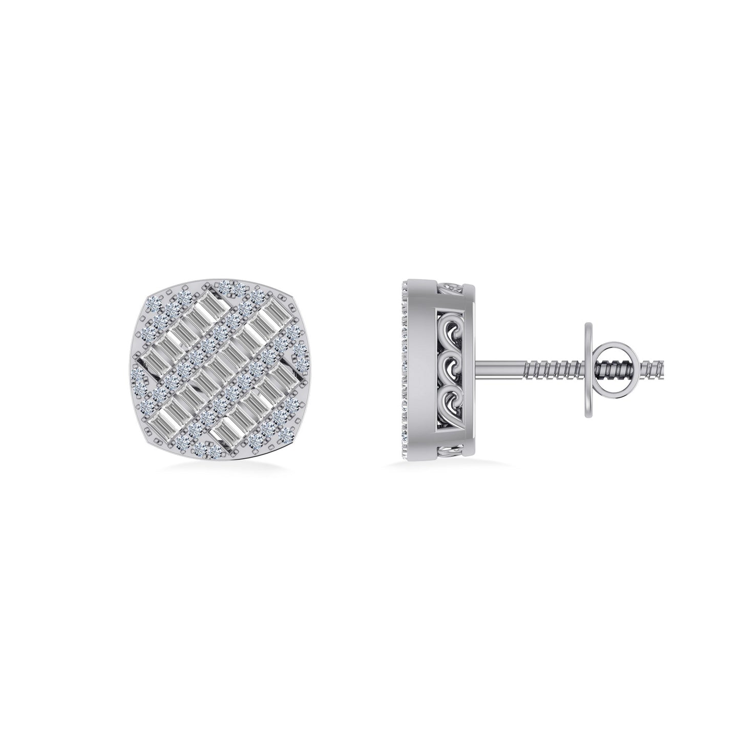10K White Gold Round Baguette Diamond Square Shape Designer Mens Stud Earring 1/3 Cttw
