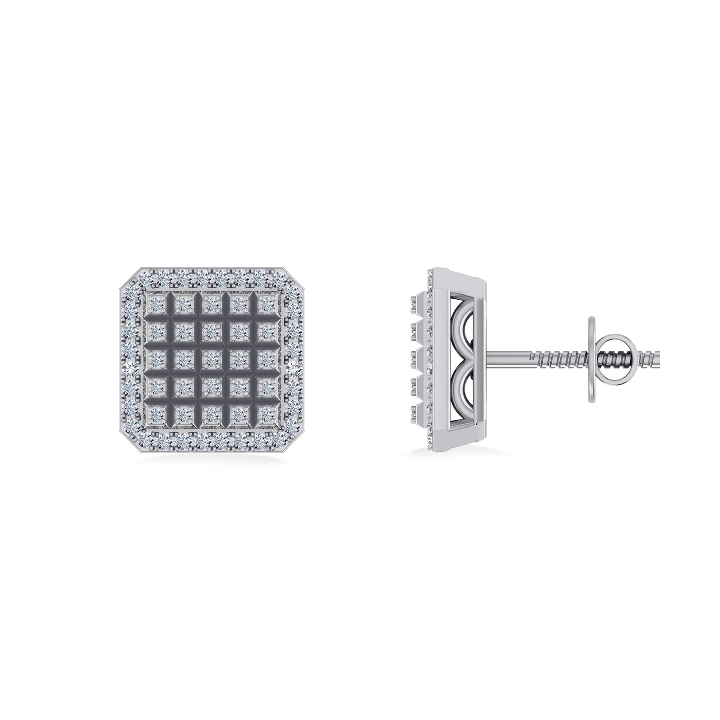 10K White Gold Round Diamond Square Shape Designer Mens Stud Earring 1/5 Cttw