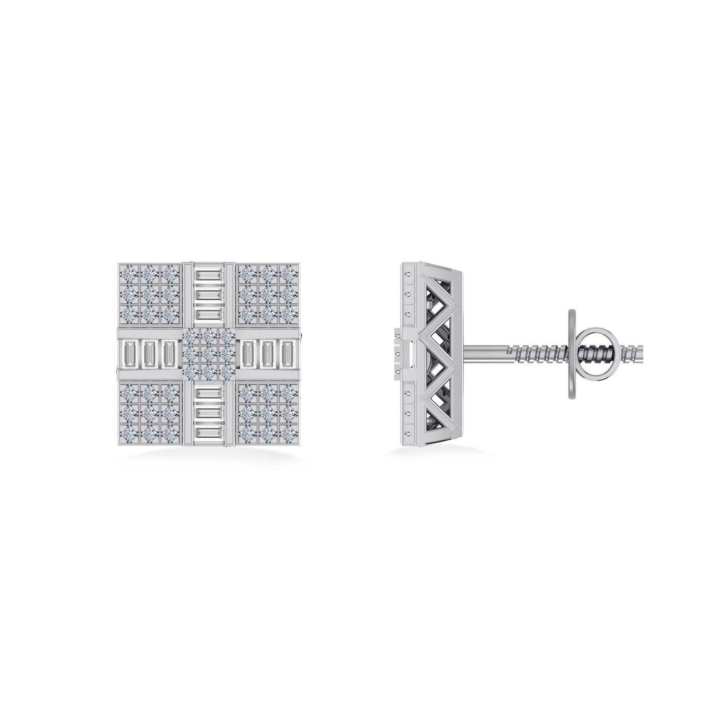 10K White Gold Round Baguette Diamond Square Shape Designer Mens Stud Earring 1/3 Cttw