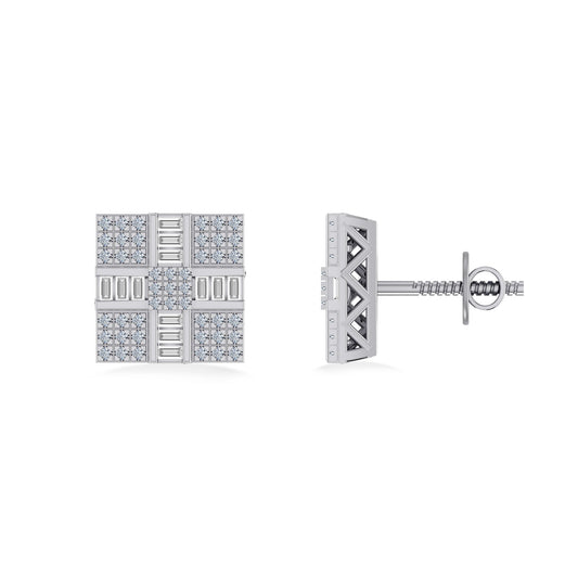 10K White Gold Round Baguette Diamond Square Shape Designer Mens Stud Earring 1/3 Cttw