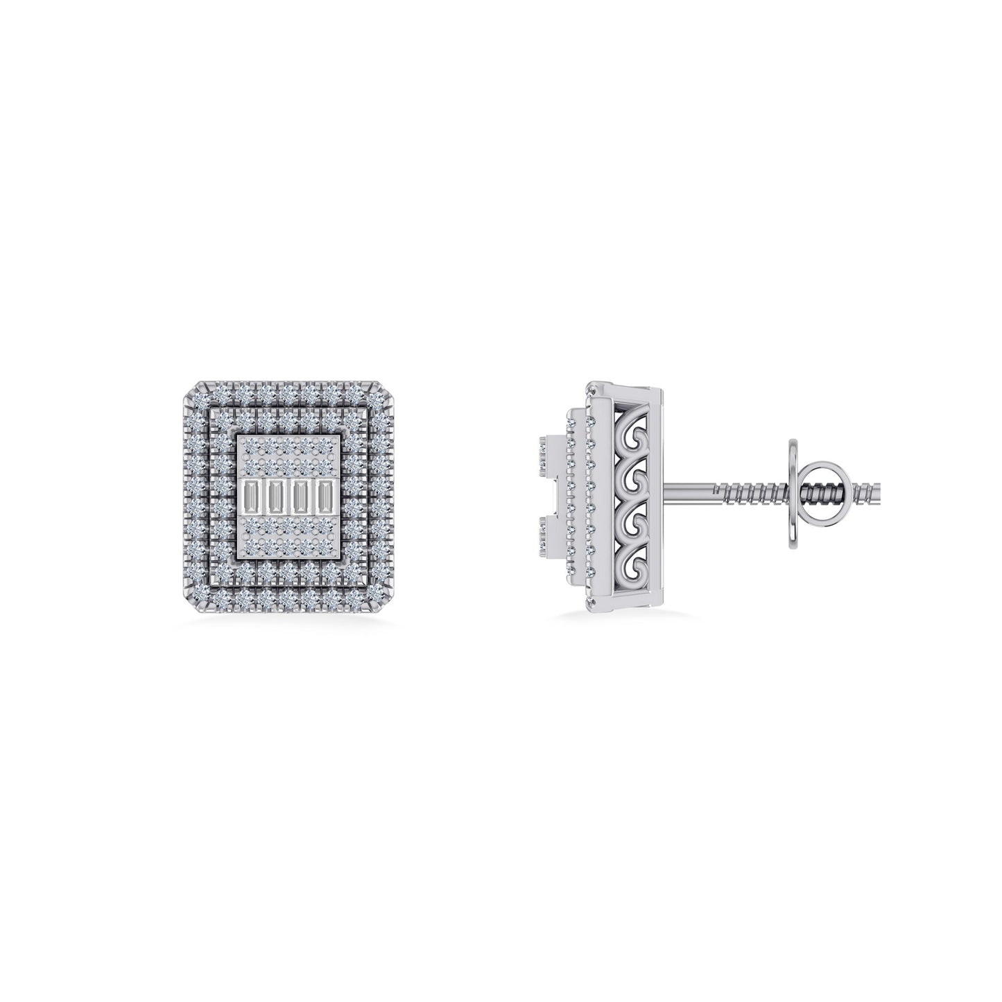 10K White Gold Round Baguette Diamond Square Shape Designer Mens Stud Earring 3/8 Cttw