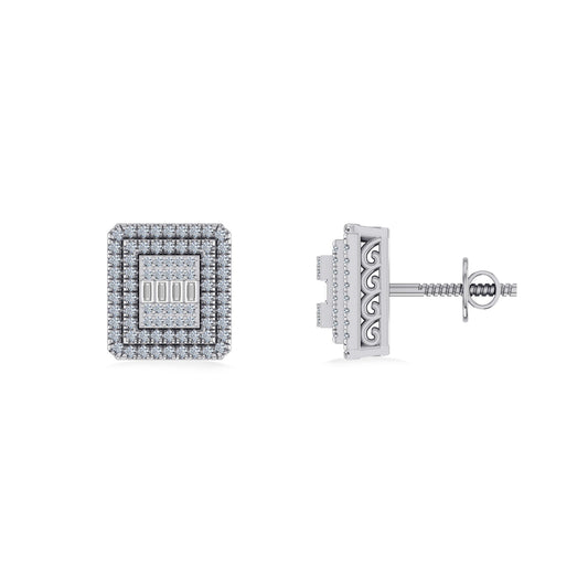 10K White Gold Round Baguette Diamond Square Shape Designer Mens Stud Earring 3/8 Cttw