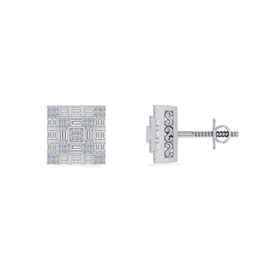10K White Gold Round Baguette Diamond Square Shape Designer Mens Stud Earring 3/8 Cttw
