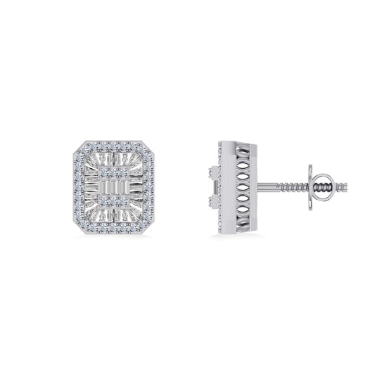 10K White Gold Round Baguette Diamond Square Shape Designer Mens Stud Earring 1/3 Cttw
