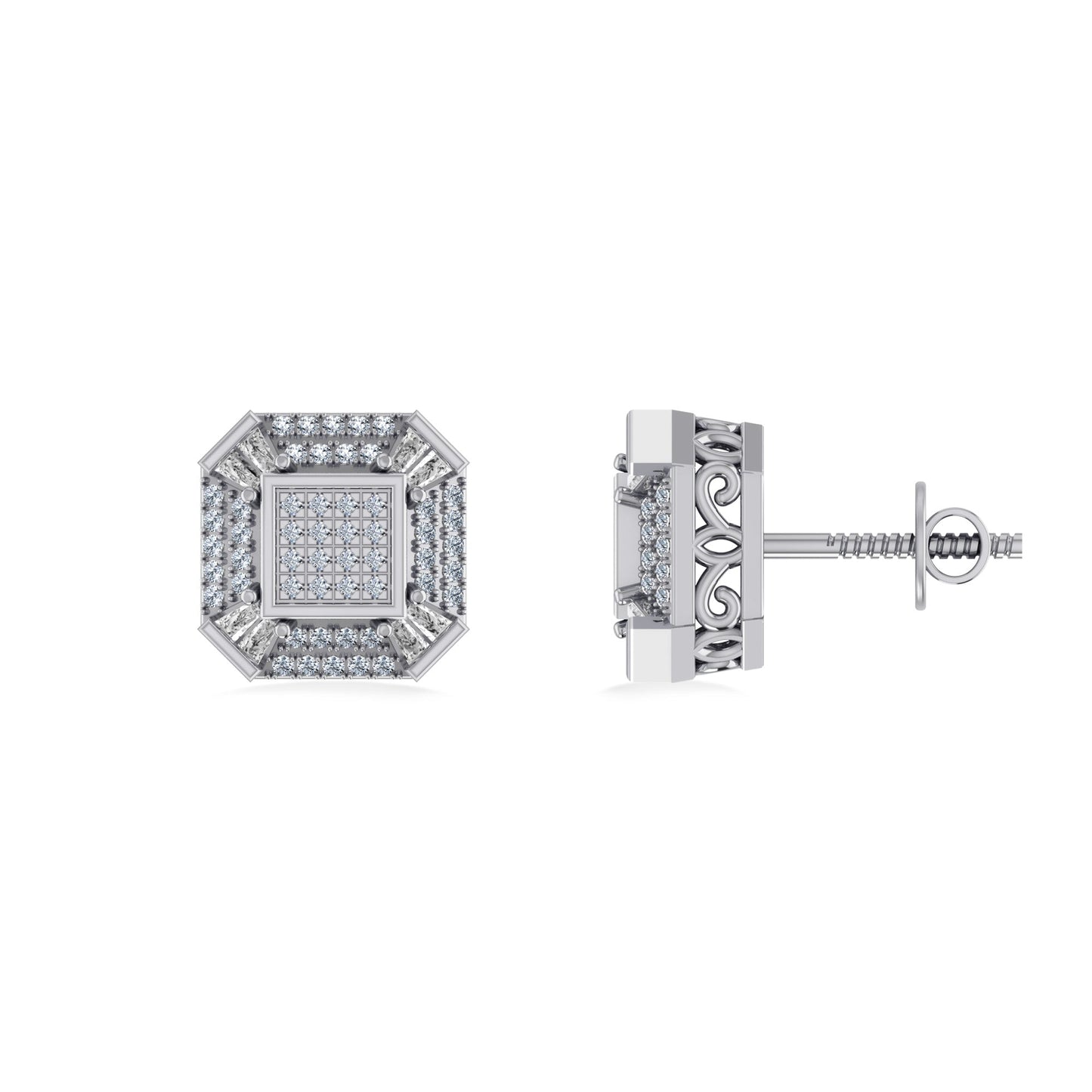 10K White Gold Round Baguette Diamond Designer Mens Stud Earring 1/4 Cttw