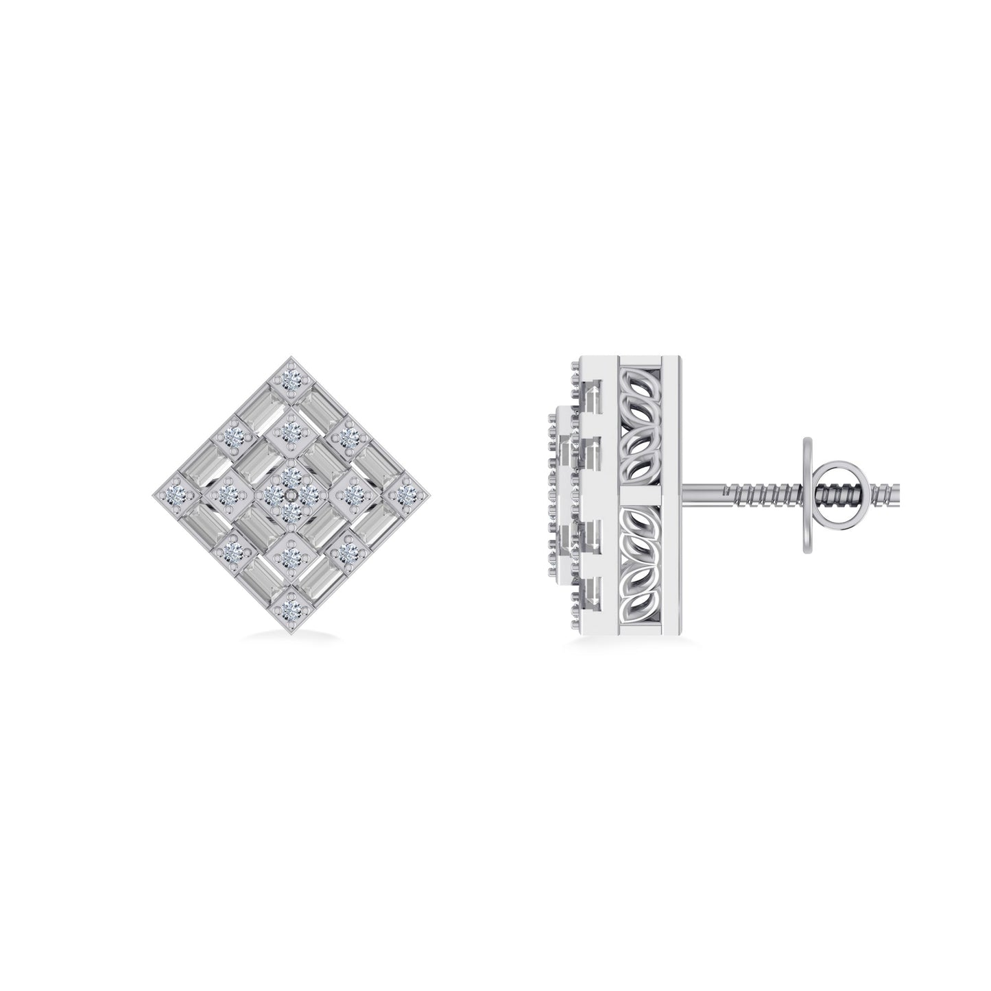 10K White Gold Round Baguette Diamond Square Shape Designer Mens Stud Earring 1/3 Cttw